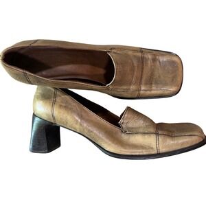 Naturalizer Womens Tan Patina Leather Square Toe Block Heel Pumps 7M Chic Boho